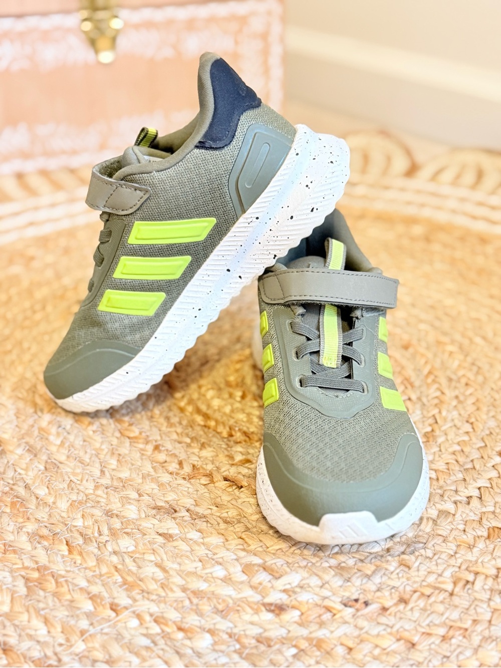 🌾 Adidas Kids Sneakers - Olive Green with Neon Yellow Accents EUC